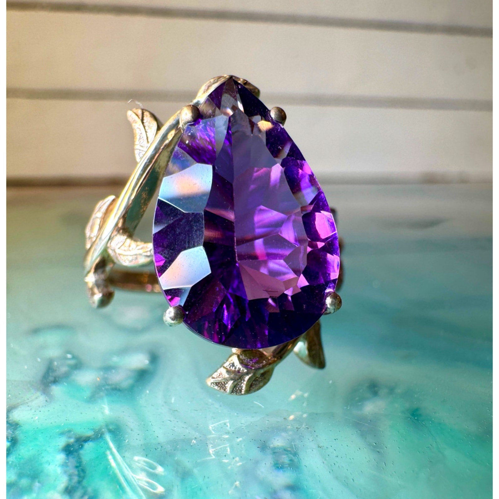 5.80-Carat Amethyst Ring – Sterling Silver Leaf Carved Band – Brazil – Size 8