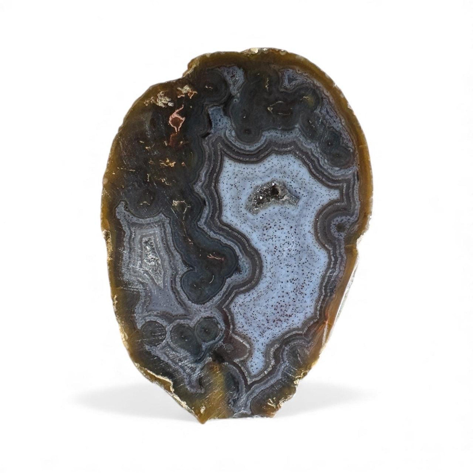 148 g Blue Agate Slice with Druzy – Sumatra Island, Indonesia – 85 mm