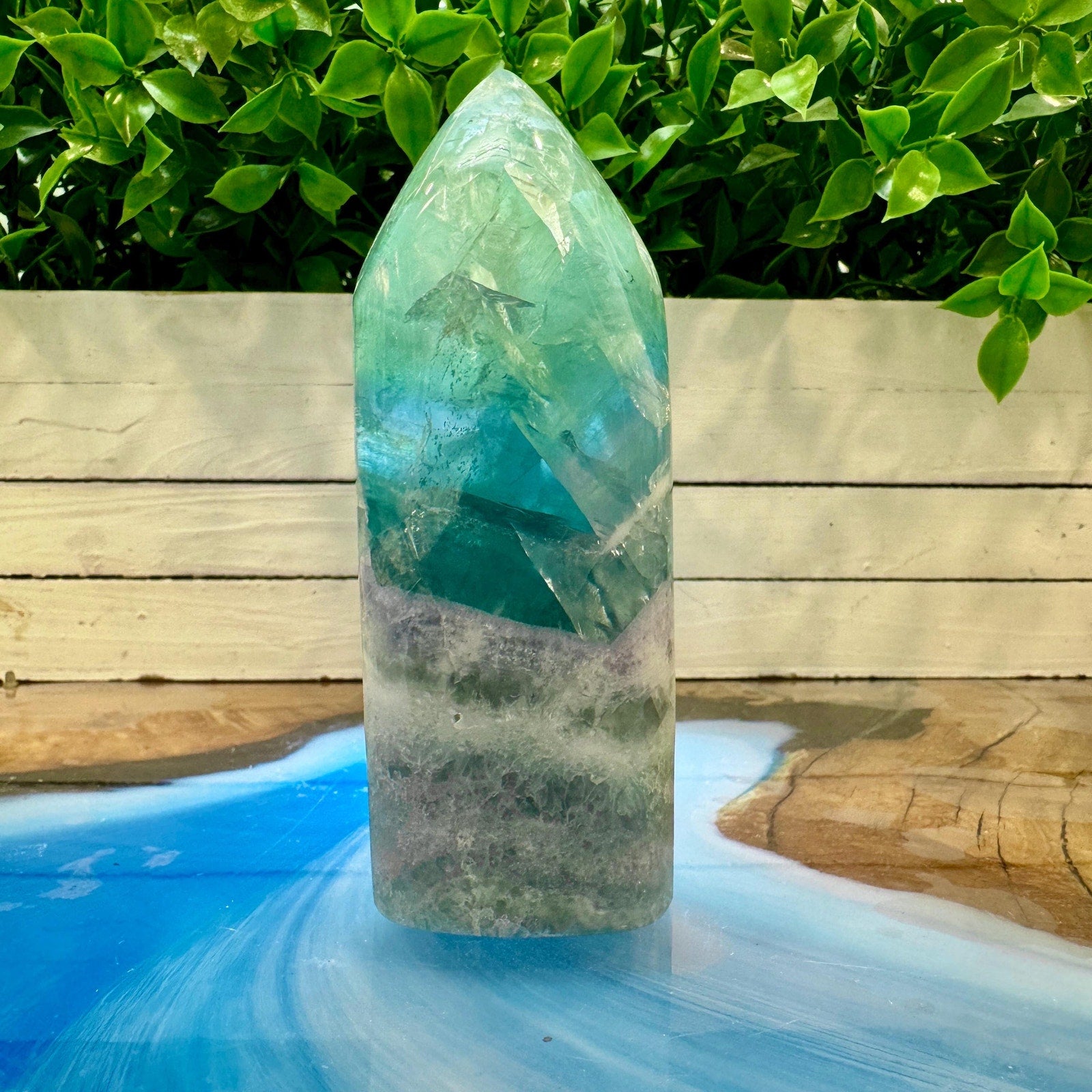 440 g Rainbow Feather Fluorite Tower – Mexico – 129 mm
