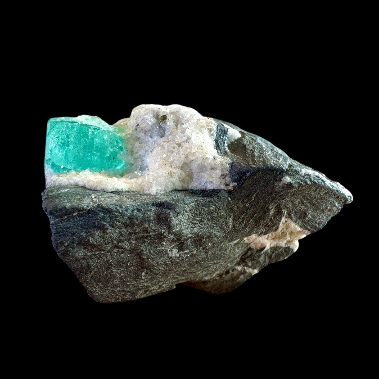 82g Green Emerald in Calcite and Shale Matrix – Chivor Mine, Colombia